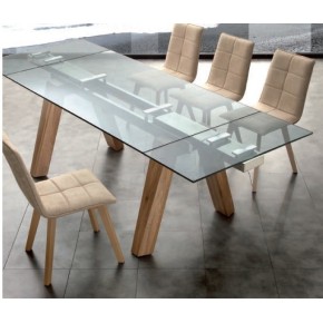 TAVOLO 654LS 160X90 CM ALLUNGABILE CON PIANO IN CRISTALLO E GAMBE LEGNO MASSELLO