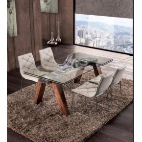 TAVOLO 654LS 160X90 CM ALLUNGABILE CON PIANO IN CRISTALLO E GAMBE LEGNO MASSELLO
