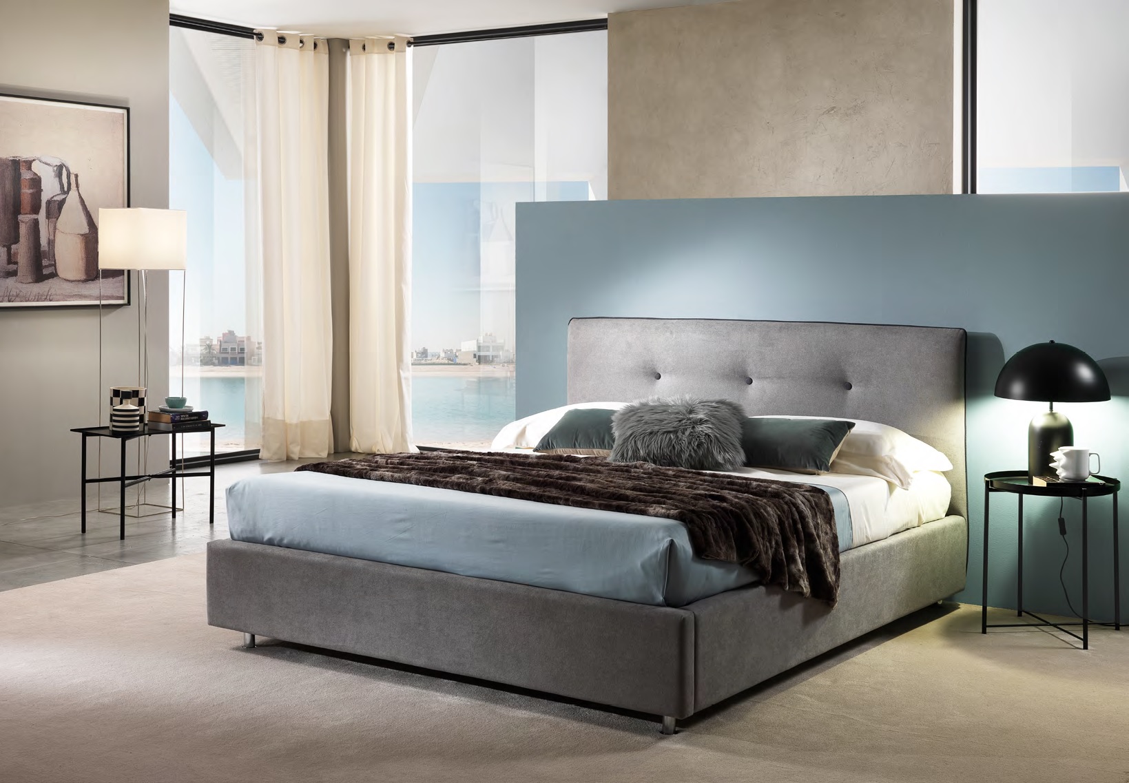 letto contenitore testata imbottita con bottoni italnotte
